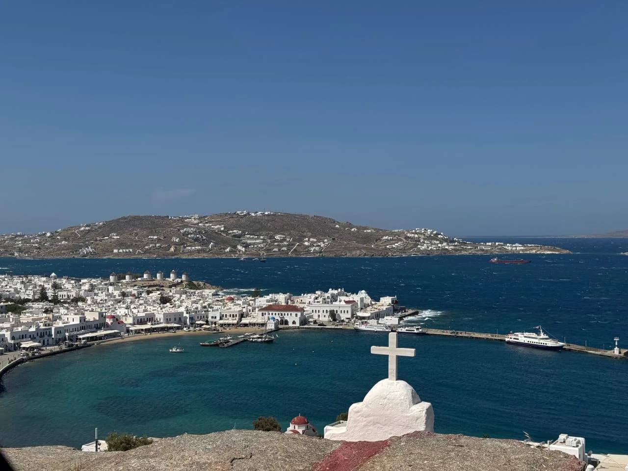 Panoramic view of Mykonos Town and its harbour